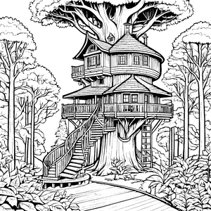 Prachtvolles Baumhaus mit Rundturm Malbild für verträumte Waldkinder