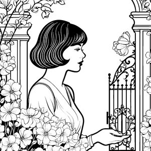 Elegante Frau mit Bob-Frisur Ausmalbild für mutige Gartenfreunde
