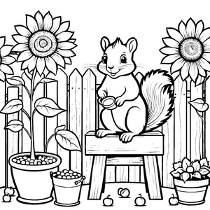 Das Eichhörnchen im Garten mit Zuckererbsen und Sonnenblumen Ausmalbild fuer kleine Entdecker