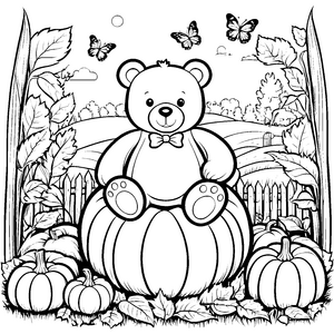 Niedlicher Teddybär auf dem Kürbis Malvorlage für mutige Herbstfreunde