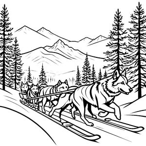 Stolze Schlittenhunde in den Bergen Ausmalbild für kreative Winterfreunde