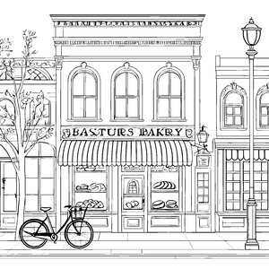 Gemütliche Bäckerei mit Fahrrad Malbild für Brotliebhaber