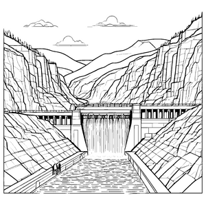 Imposanter Staudamm mit Wasserfall Malvorlage für neugierige Wasserforscher