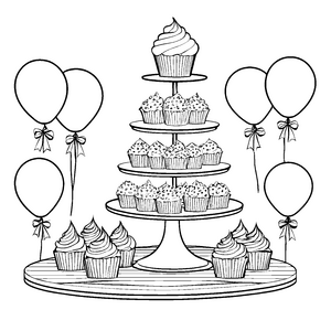 Festliche Cupcakes auf Etagere Ausmalbild für Feierfreunde