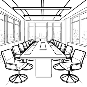 Moderner Konferenztisch mit Bürostühlen Ausmalvorlage für neugierige Bürofreunde