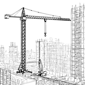 Der große Turmdrehkran auf der belebten Baustelle – Ausmalbild fuer kleine Entdecker