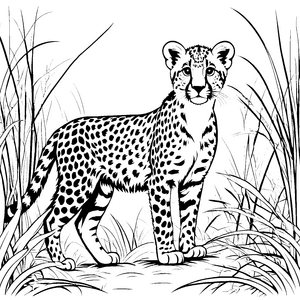 Wachsames Gepardenjungtier im hohen Gras Ausmalbild für kreative Savannenfreunde