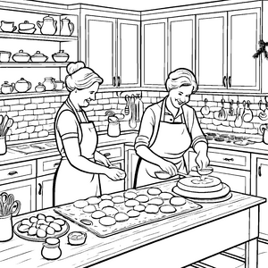 Gemütliche Großmütter beim Plätzchenbacken Bastelvorlage für verträumte Küchenfreunde