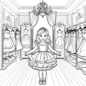 Das Mädchen im prachtvollen Kleid im Modebüro - Ausmalbild fuer kleine Tierfreunde