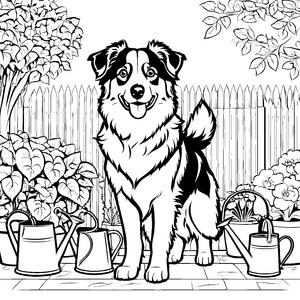 Freundlicher Australian Shepherd bei Gießkannen Malvorlage für Gartenfreunde