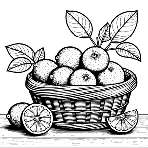Frischer Orangenkorb mit Scheiben Ausmalvorlage für neugierige Obstfreunde