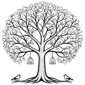 Prachtvoller Baum mit Vögeln Malbild für malfreudige Naturfreunde