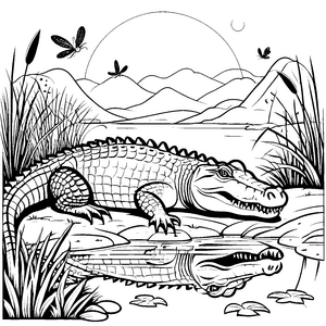Das Krokodil am Seeufer mit Libellen und Seerosen - Ausmalbild fuer kleine Tierfreunde