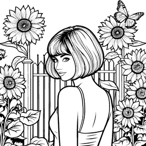 Stilvolle Bob-Frisur mit Sonnenblumen Ausmalbild für verträumte Gartenfreunde