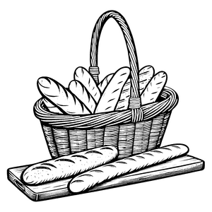 Rustikale Baguettes im Korb Malvorlage für neugierige Bäckerfreunde