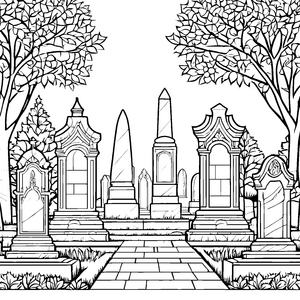 Monumentale Gräber mit Obelisken: Ausmalbild für verträumte Friedhofsbesucher