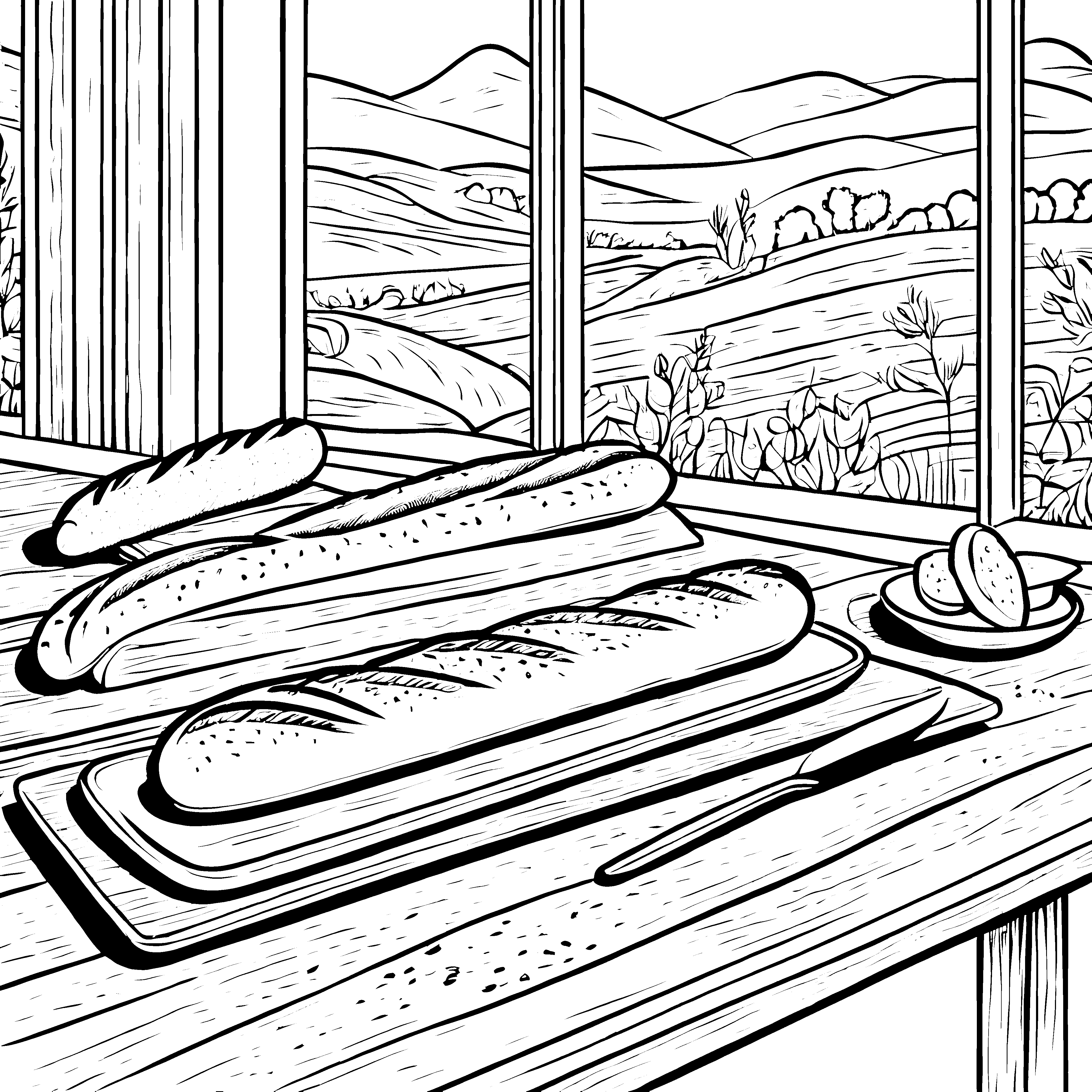 Rustikale Baguettes auf dem Holztisch Ausmalvorlage für junge Bäckerfreunde