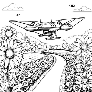 Spektakuläre Drohne über Sonnenblumen Malvorlage für mutige Luftfahrtfreunde