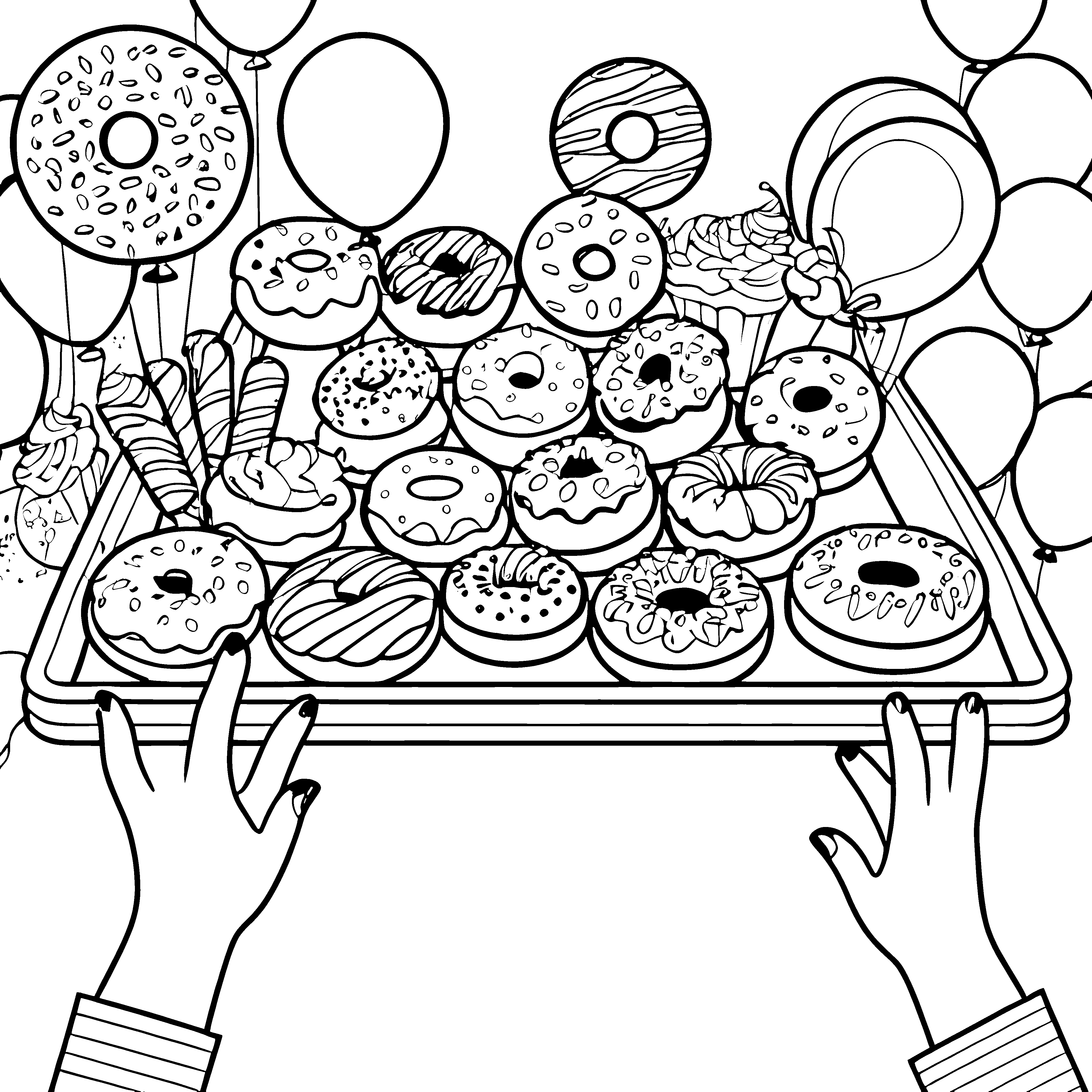 Farbenfrohes Donuttablett mit Luftballons Malbild für malfreudige Süßigkeitenfans