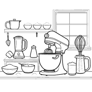 Moderner Handmixer mit Schüsseln Malbild für kreative Küchenhelfer