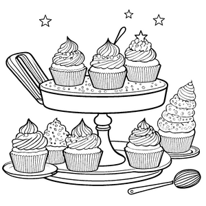 Festliche Cupcakes auf einer Etagere Malvorlage für Naschkatzen