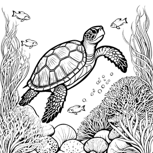 Majestätische Schildkröte im Korallenriff: Ausmalvorlage für verträumte Meeresbewohner