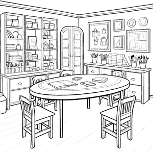 Großzügiger ovaler Tisch mit Büchern Malbild für kleine Bibliotheksfreunde