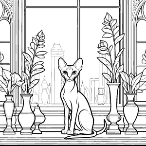 Stolze Sphynx-Katze zwischen Zimmerpflanzen Bastelmotiv für neugierige Pflanzenfreunde