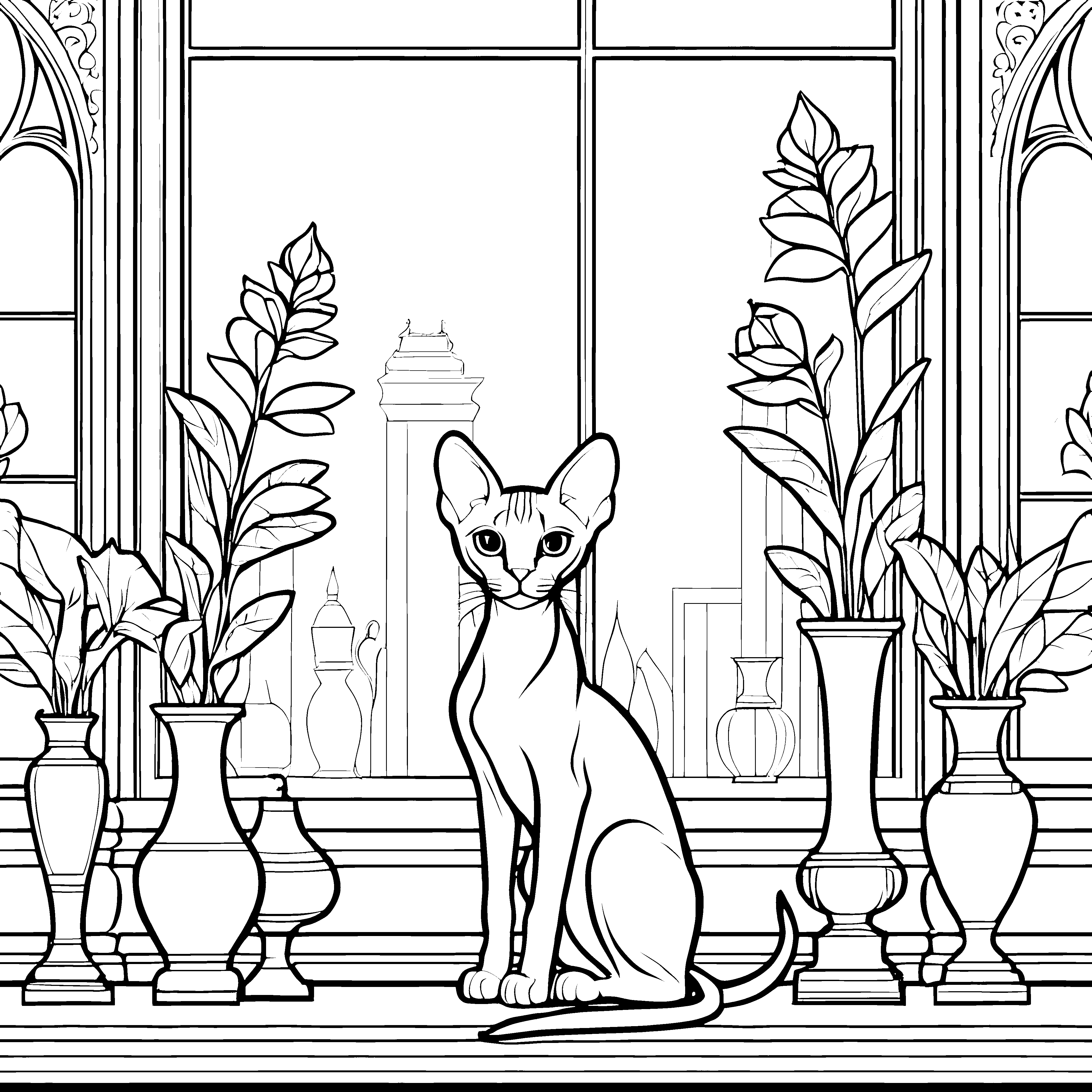 Stolze Sphynx-Katze zwischen Zimmerpflanzen Bastelmotiv für neugierige Pflanzenfreunde
