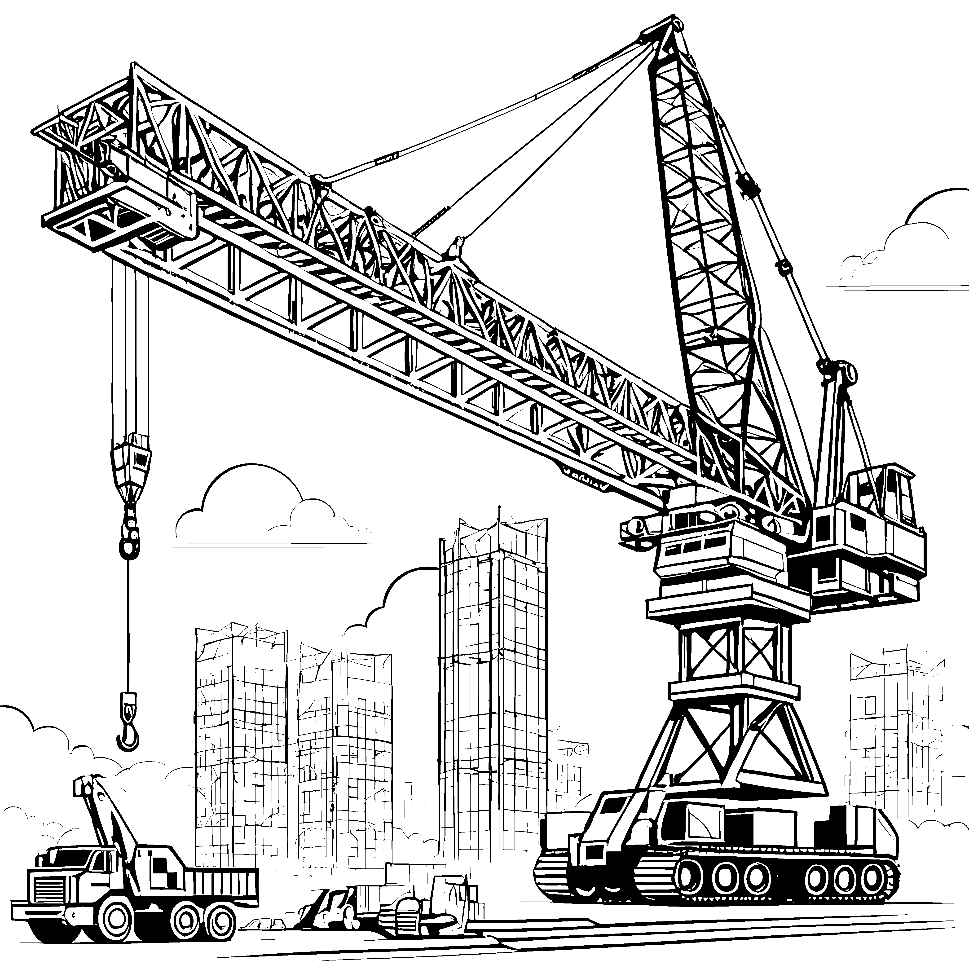Der große Turmdrehkran auf der Baustelle - Ausmalbild fuer kleine Entdecker