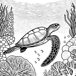 Majestätische Schildkröte unter Korallen Ausmalbild für Meeresforscher
