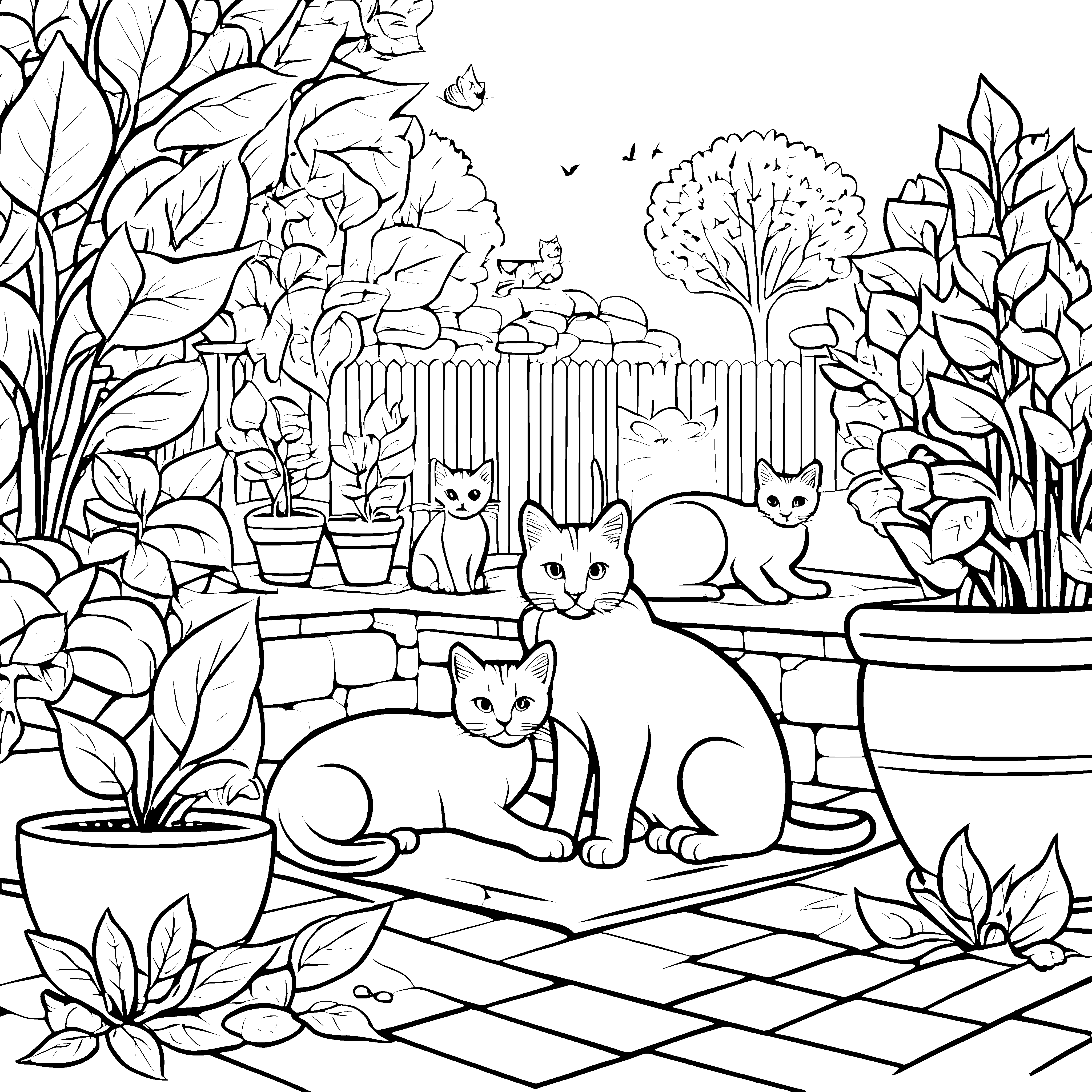 Liebevolle Katzenmama mit Kitten im Garten Bastelmotiv für mutige Pflanzenfreunde