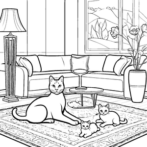 Geborgene Katzenmama mit Kitten Ausmalbild für mutige Wohnzimmerfreunde