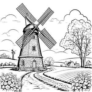 Idyllische Windmühle am Feldweg Ausmalvorlage für kreative Landlustfreunde