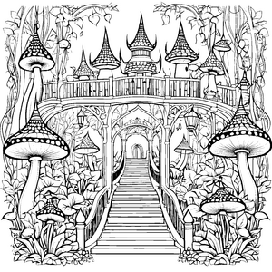 Märchenhaftes Pilzschloss mit Brücke Malbild für kleine Waldgeister