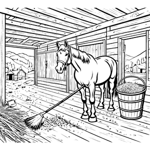 Fleißiges Pferd beim Stallputz Malbild für Bauernkinder