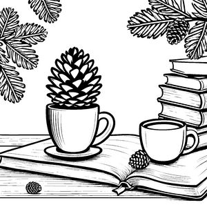 Gemütliche Tannenzapfen auf Büchern Malbild für Buchwürmer