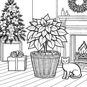 Warme Weihnachtsstern-Malvorlage mit Katze für junge Winterfreunde