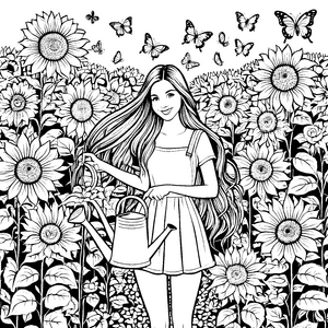 Mädchen mit glatten langen Haaren im Sonnenblumenfeld Ausmalbild fuer kleine Entdecker