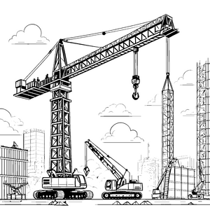 Große Baukräne und Mobilkrane auf der Baustelle – Ausmalbild fuer kleine Entdecker