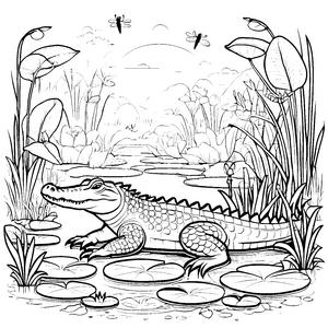 Das große Krokodil im Teich mit Seerosen und Libellen - Ausmalbild fuer kleine Tierfreunde
