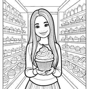 Mädchen mit glatten langen Haaren und einem großen Cupcake – Ausmalbild fuer kleine Entdecker