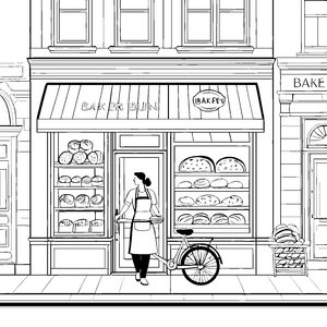 Gemütliche Bäckerei mit Fahrrad Malvorlage für fröhliche Backfans