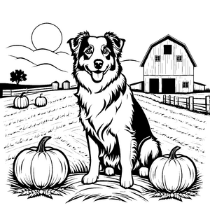 Treuer Australian Shepherd mit Kürbissen Malbild für kleine Bauernhoffreunde