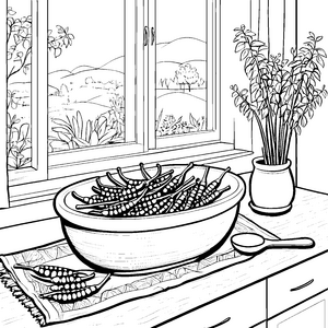 Füllige Moringa-Schoten in der Schüssel Ausmalbild für junge Pflanzenfreunde