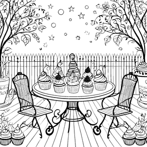 Festliche Cupcakes auf Gartentisch Malvorlage für verträumte Feierfreunde