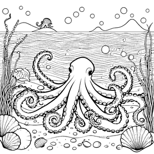 Großer Oktopus mit Muscheln Ausmalvorlage für Wasserforscher
