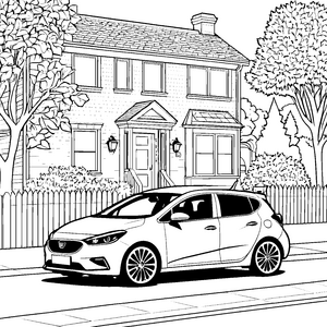 Stylisches Auto vor Wohnhaus Bastelmotiv für fröhliche Hausbesucher