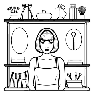 Stylische Bobfrisur am Make-up-Regal Malbild für junge Kosmetikbegeisterte