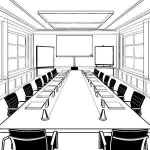 Moderner Konferenztisch mit Whiteboards Bastelmotiv für verträumte Büroplaner
